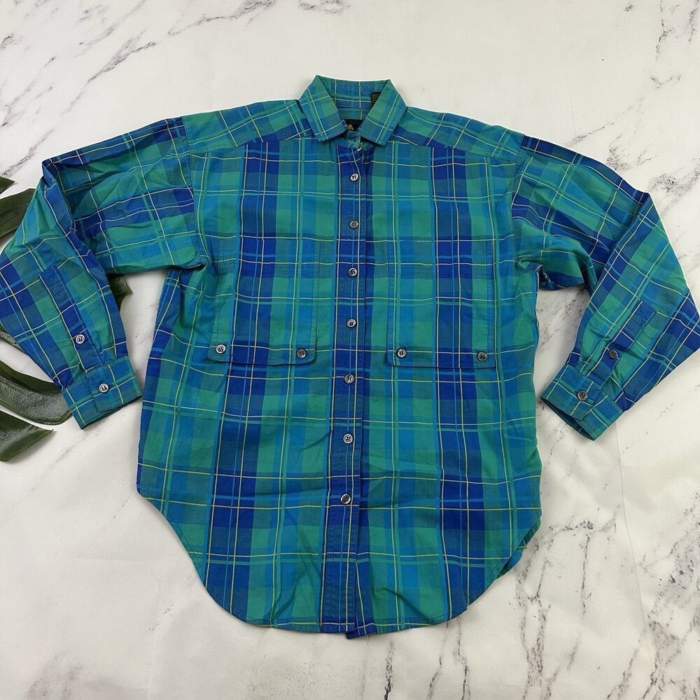 Liz Sport Womens Vintage 90s Plaid Top Size S P Blue Green Bright Button Up